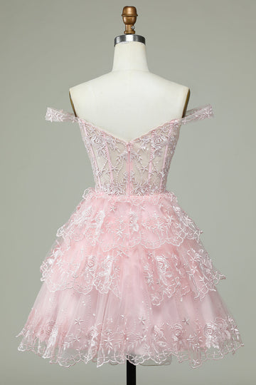 Vestido de Cóctel Rosa Encaje Fuera del Hombro